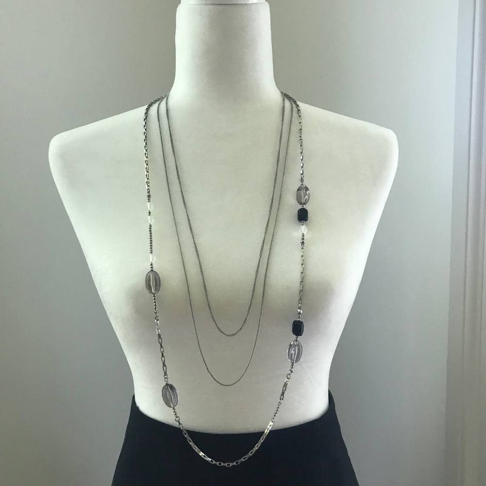 Ann Taylor LOFT Layered Silver Chain Necklace with Asymmetrical Beads